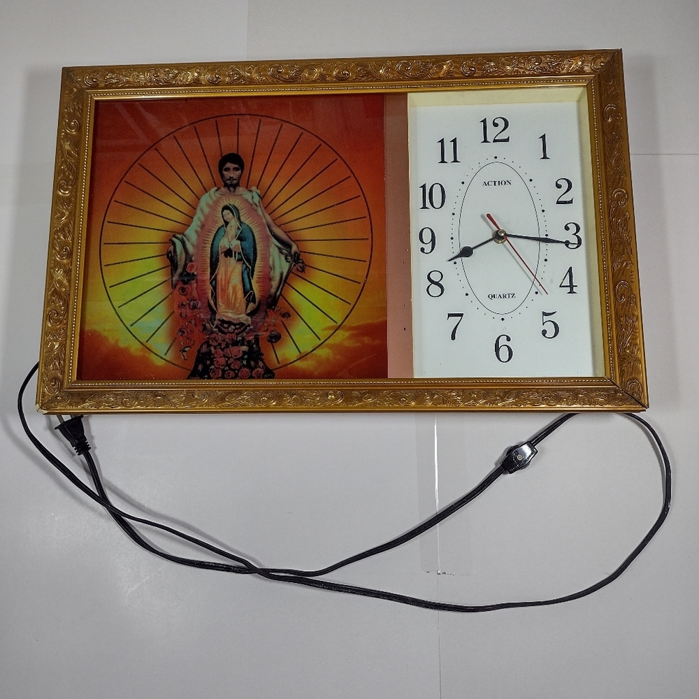 Saint Diego & Virgen Of Guadalupe Vintage Ativa Gold Framed Spiritual Wall Clock